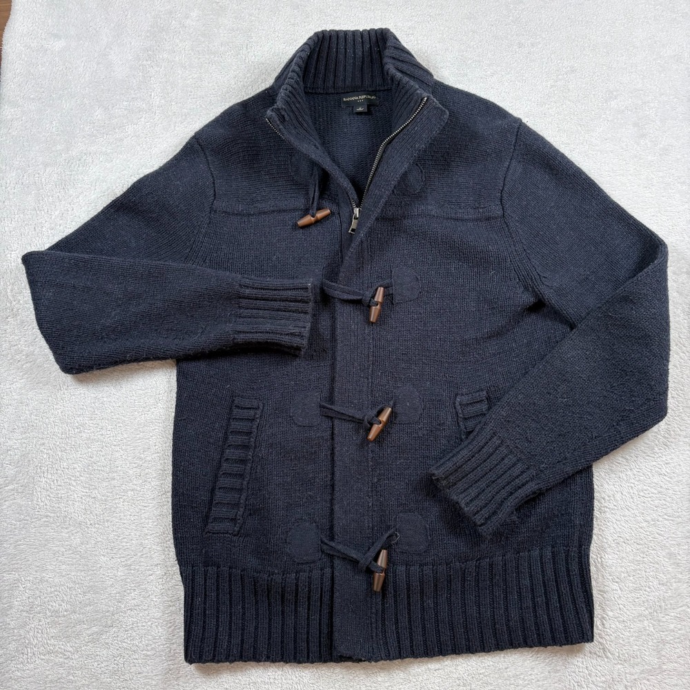 Banana Republic Cardigan Sweater Mens Medium Navy Blue Cotton Cozy Toggle Front